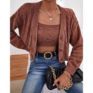 2 PC- Cable knit Cardigan & Cami Top Size M